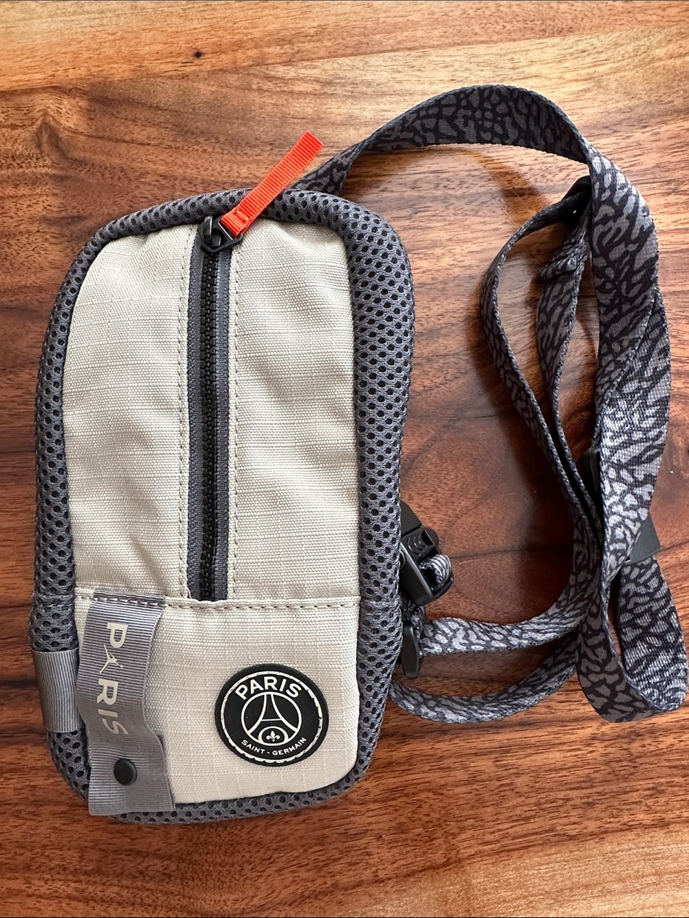 Beige and Gray Paris Patch Sling Belt Bag with Patterned Strap